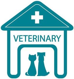 Un logotipo para una clínica veterinaria con dos gatos y una cruz.