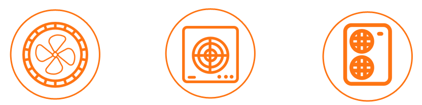 Un conjunto de tres iconos naranjas sobre un fondo blanco.