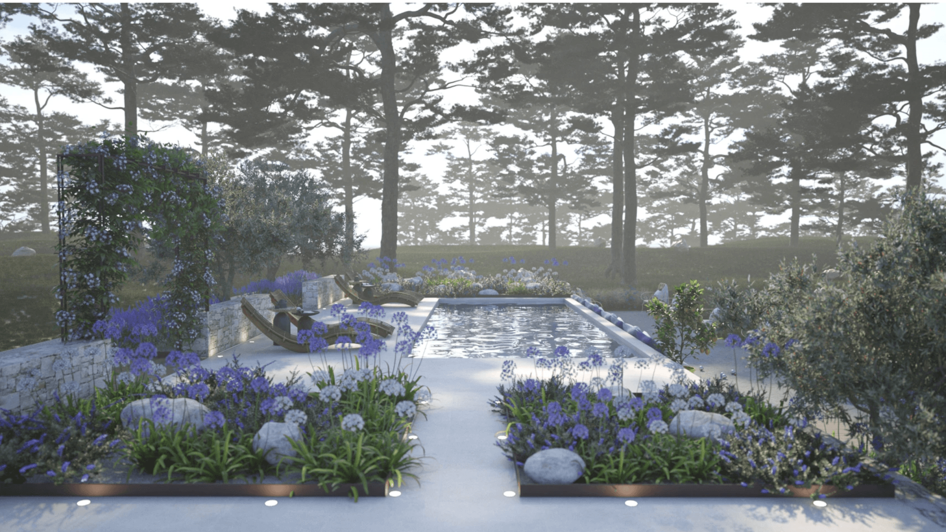 Piscine et jardin vert 