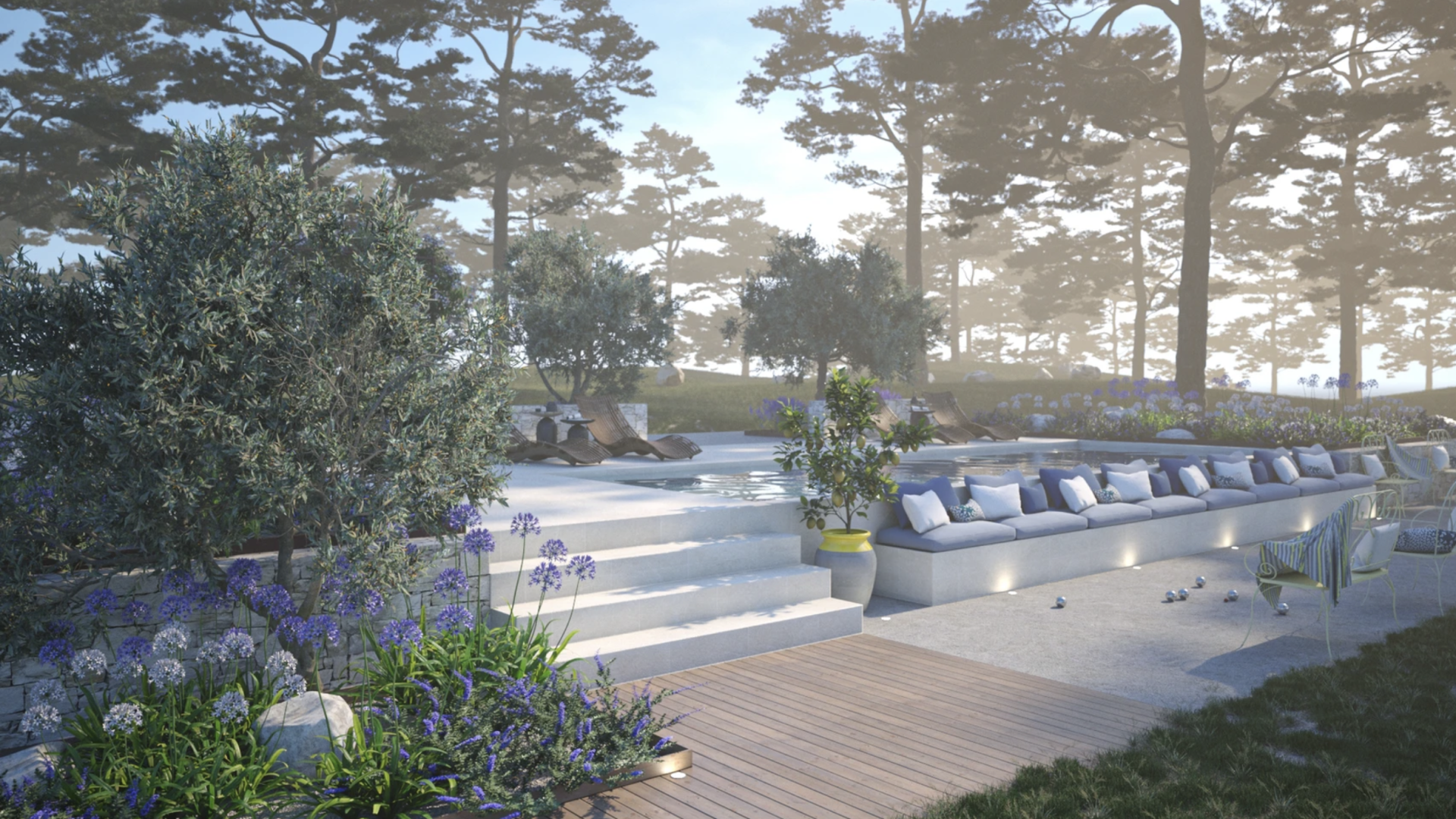 Terrasse avec jardin, grands arbres et piscine