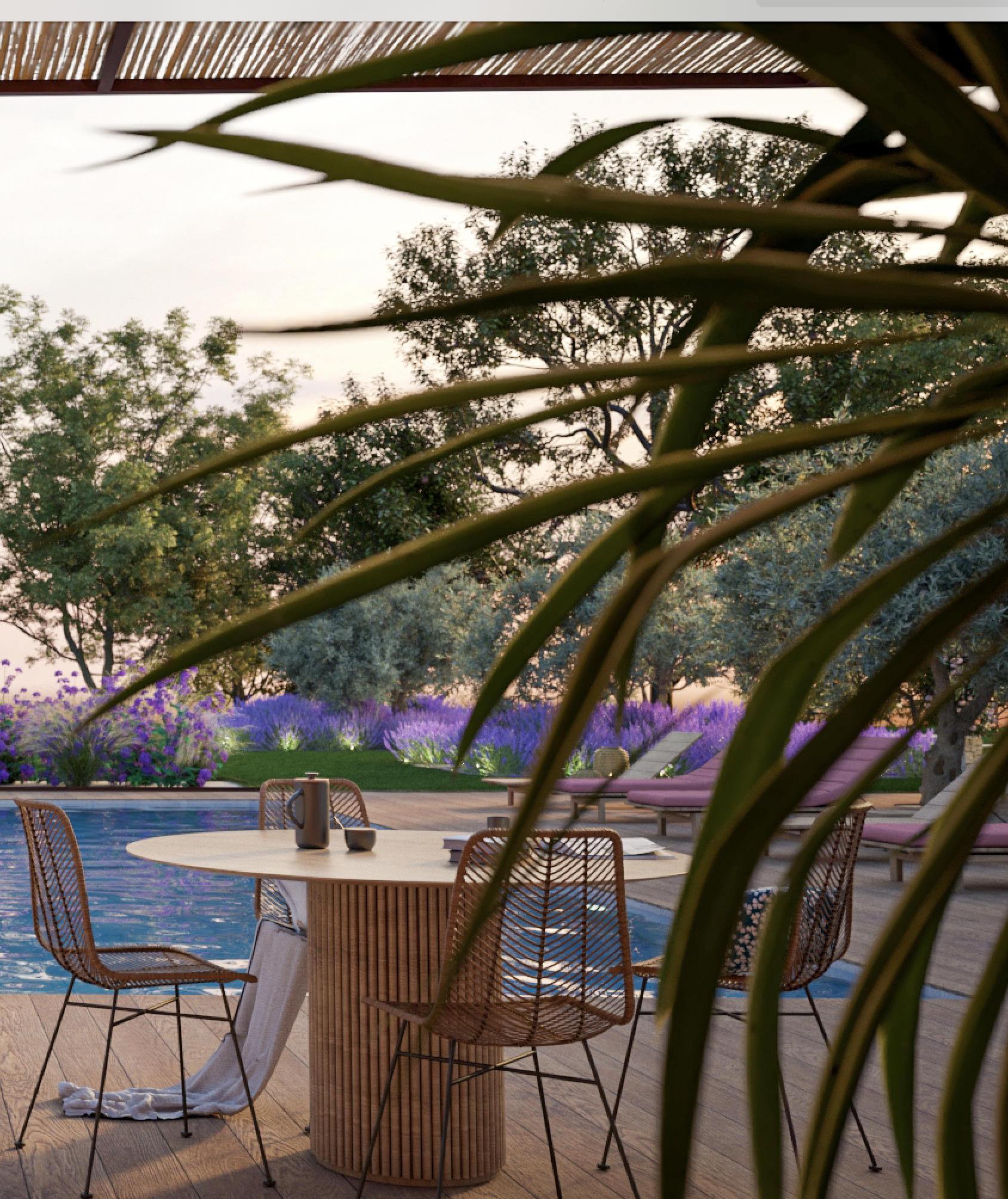 Table à manger extérieure, terrasse en bois et piscine