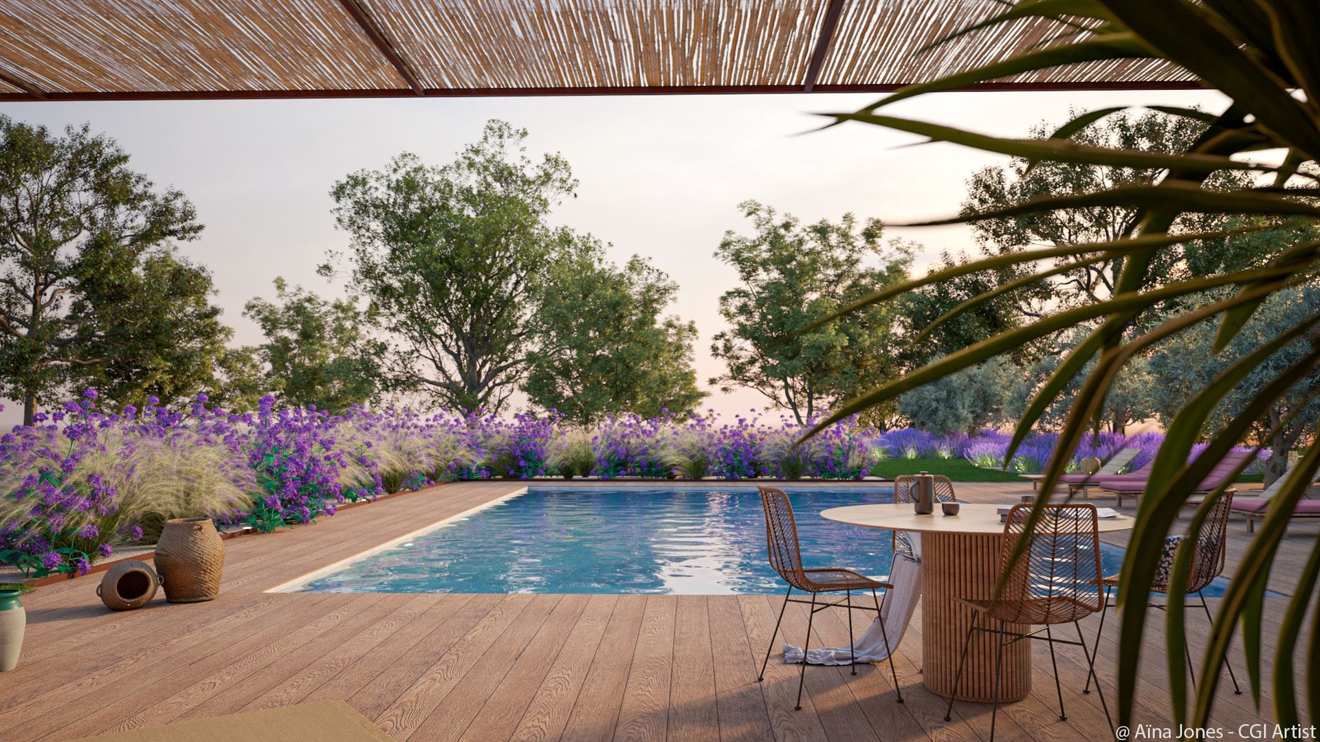 Terrasse en bois avec pergola et piscine