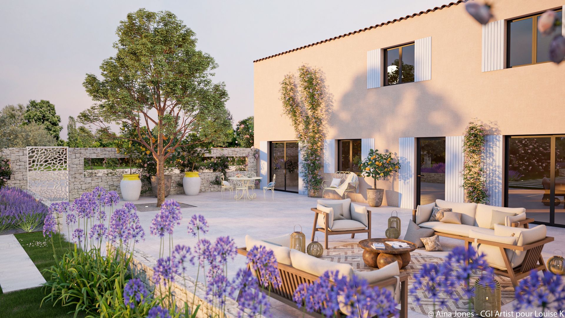 Grande terrasse avec du végétal et un coin salon