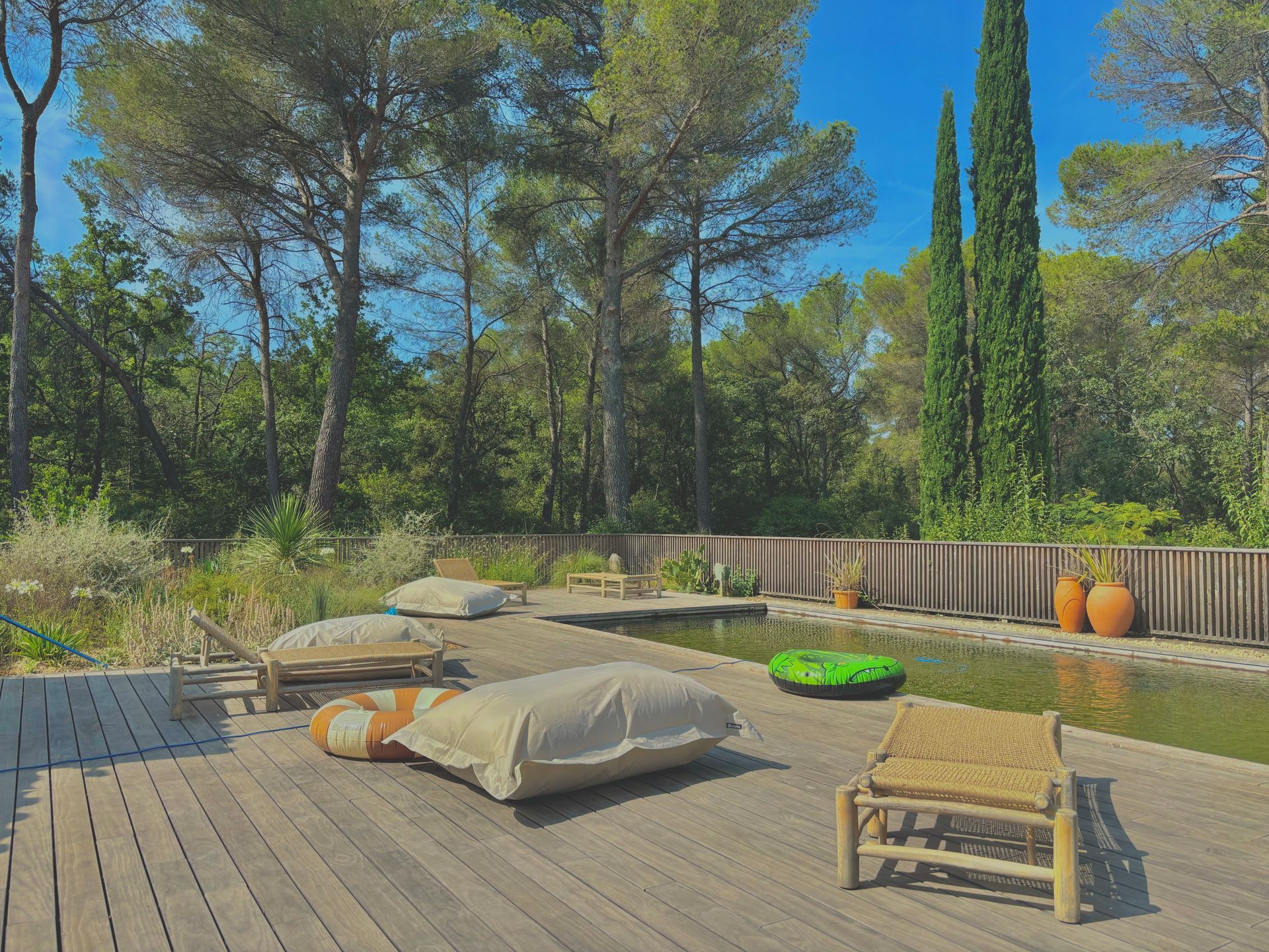 Longue piscine dans un jardin entouré d'arbres à Aix-en-Provence