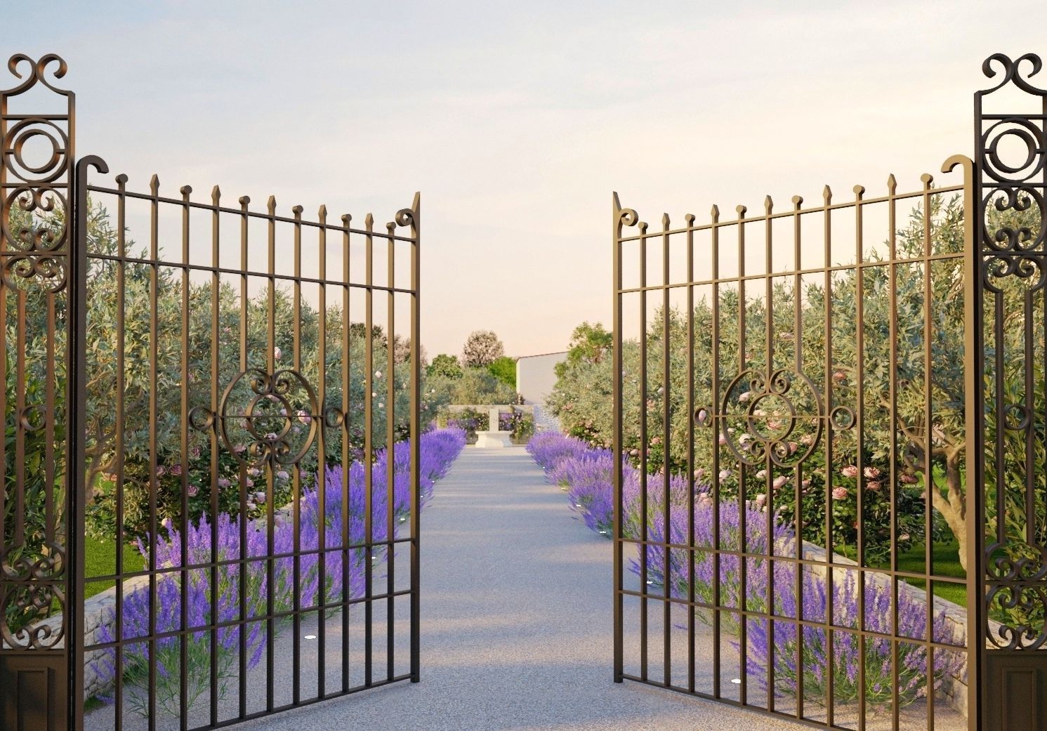 Portail en fer avec jardin rectiligne