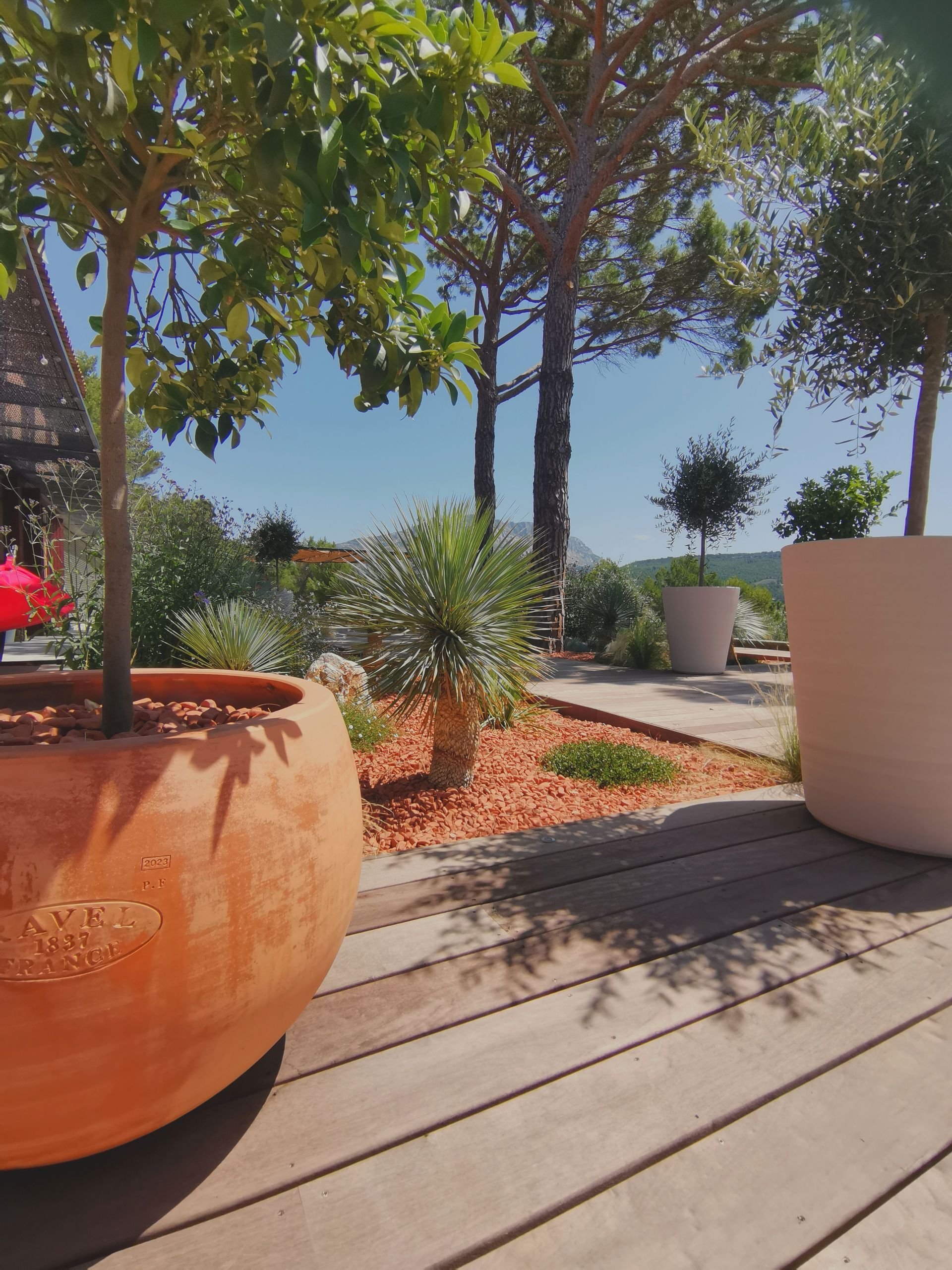 Plusieurs pots en terres cuites avec plantes sur terrasse à le Tholonet