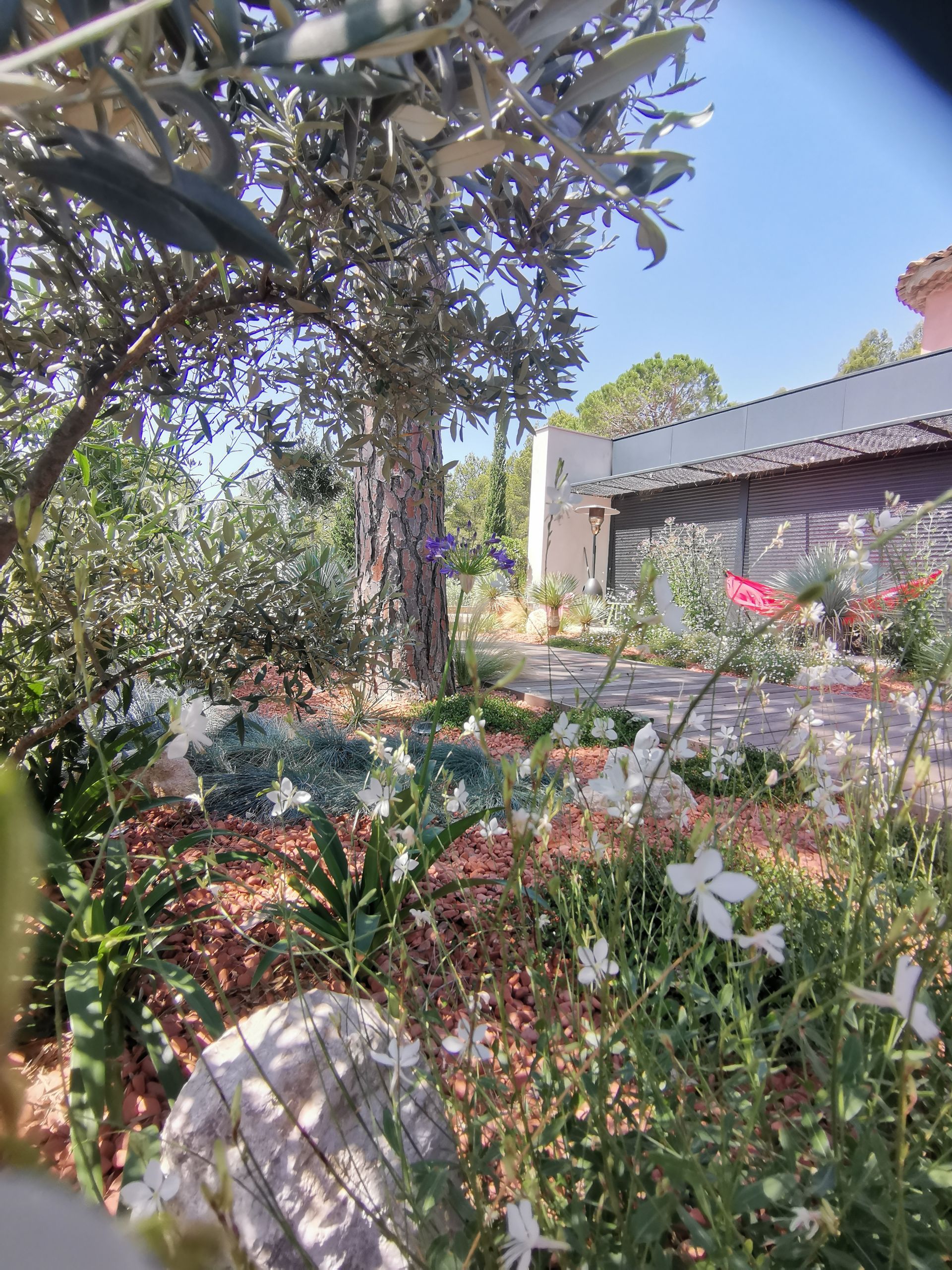 Maison et terrasse en bois avec plantes à le Tholonet