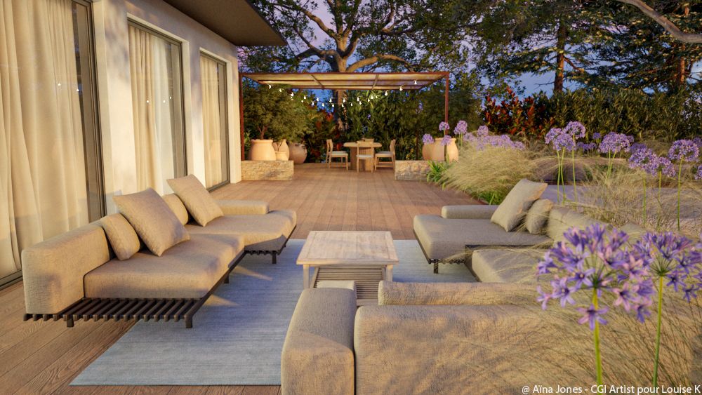 Terrasse avec des graminées et un salon extérieur à Aix-en-Provence