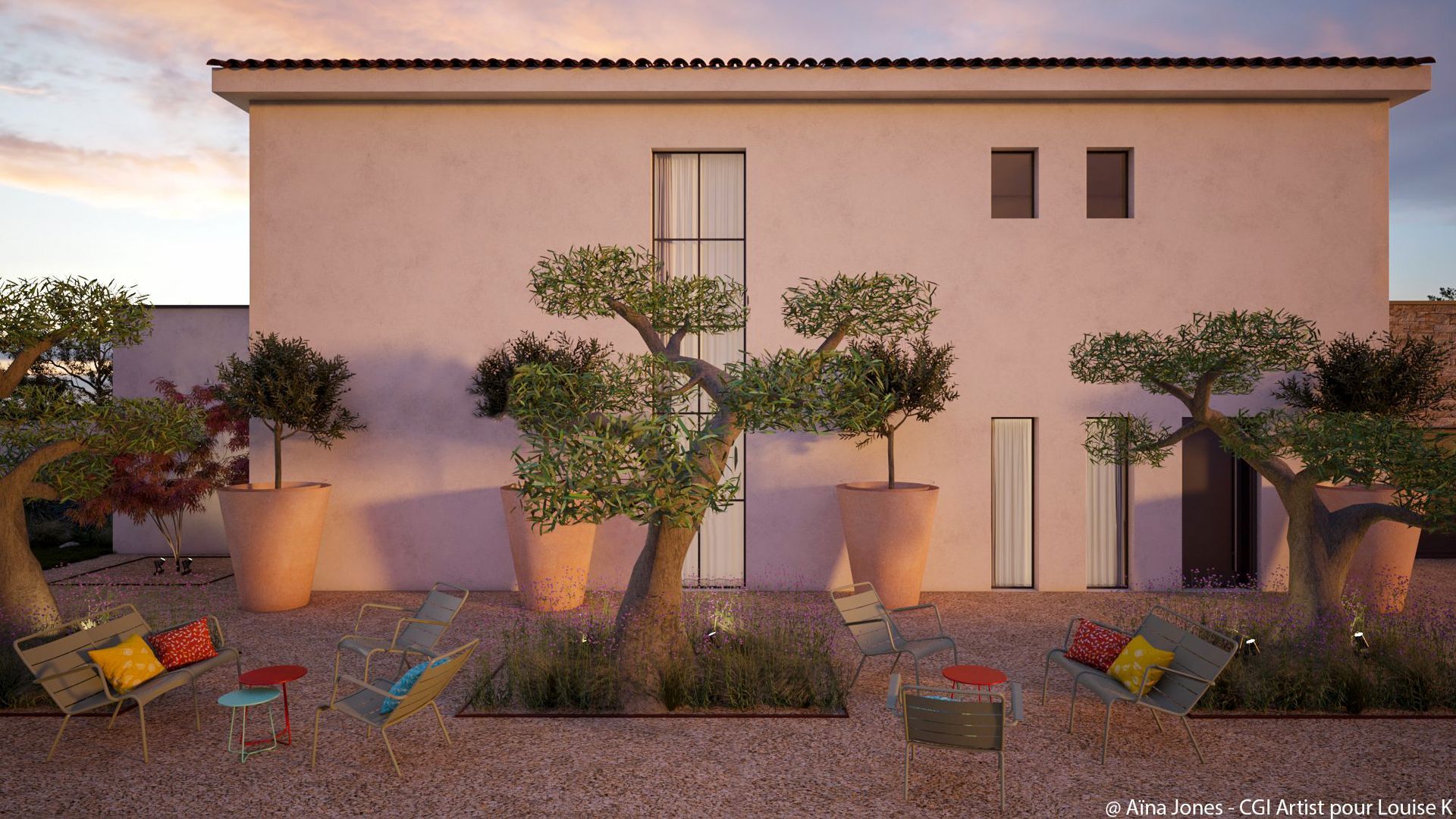 Espace extérieur avec arbres en forme de bonzaï à Aix-en-Provence