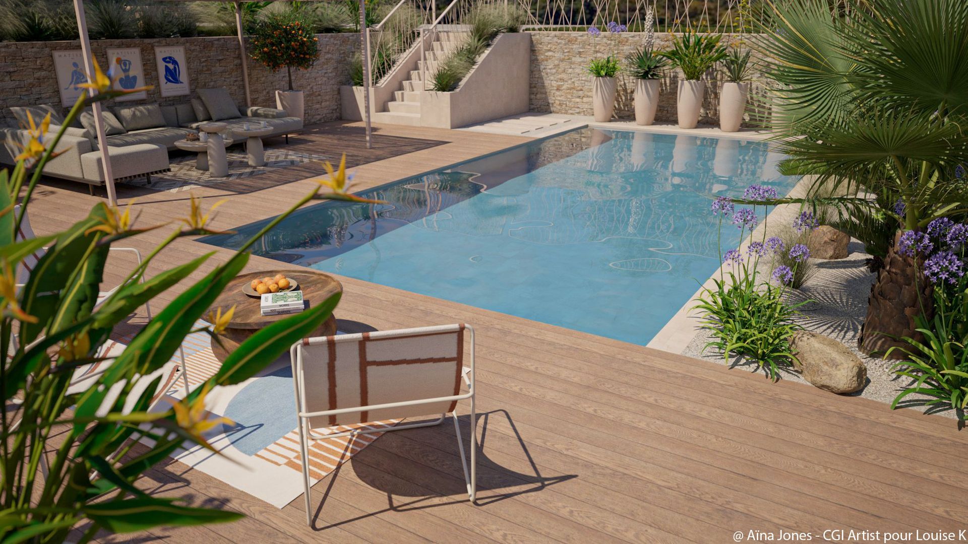 Terrasse avec piscine enterrée - Couleur crème à Aix-en-Provence