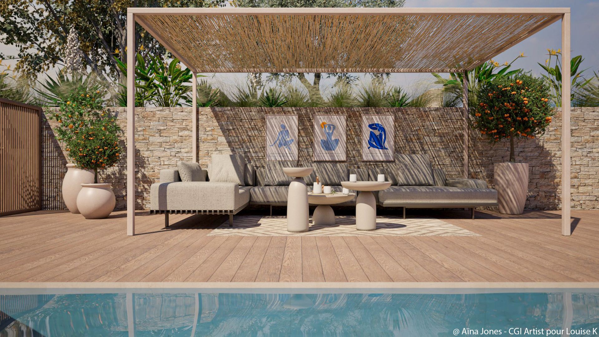 Pergola avec coin canapé devant la piscine à Aix-en-Provence