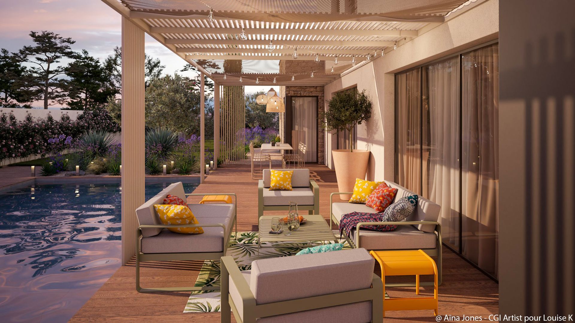 Terrasse avec pergola et petit salon extérieur à Aix-en-Provence