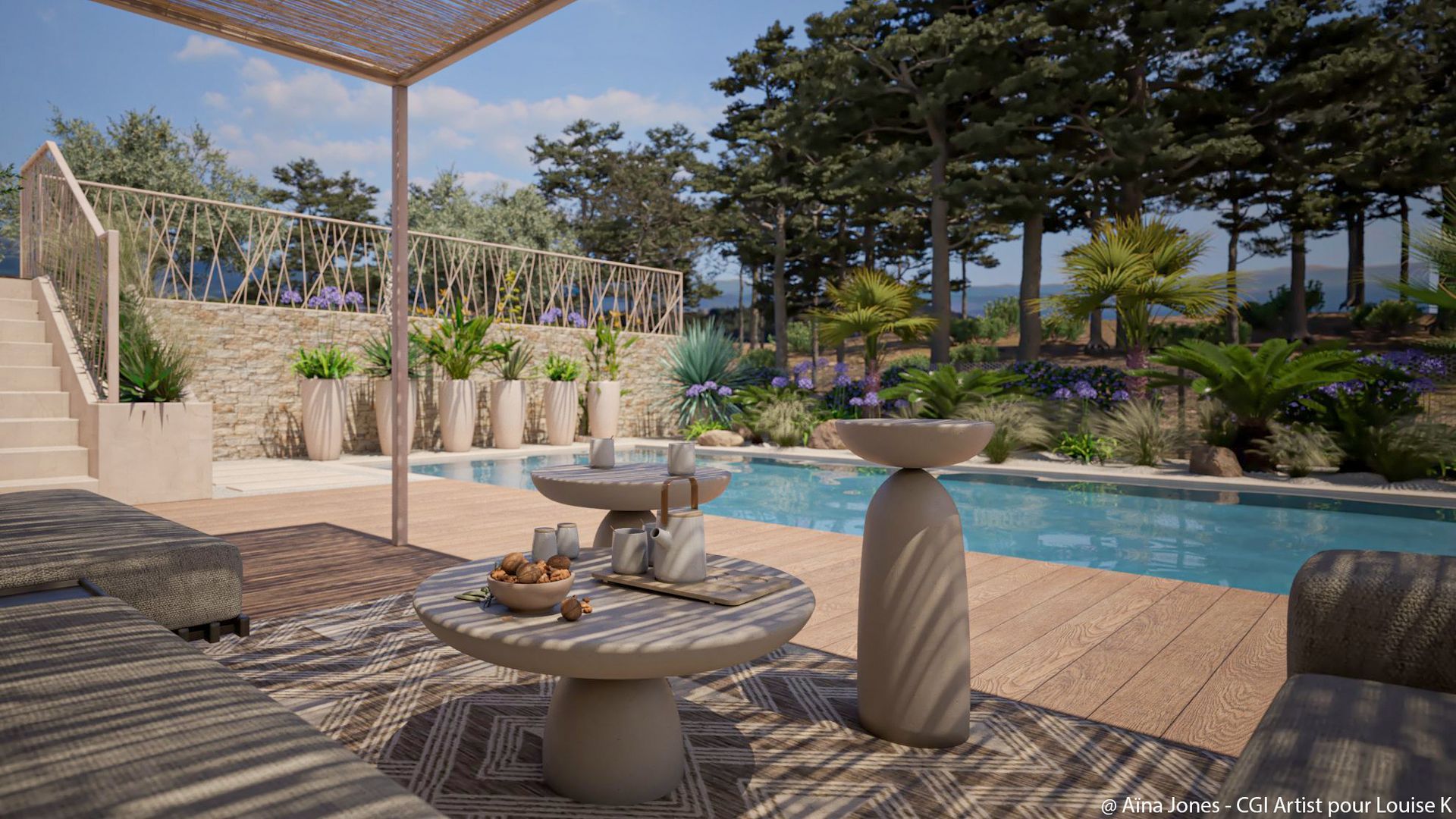 Vue de la piscine et de l'aménagement du jardin à Aix-en-Provence