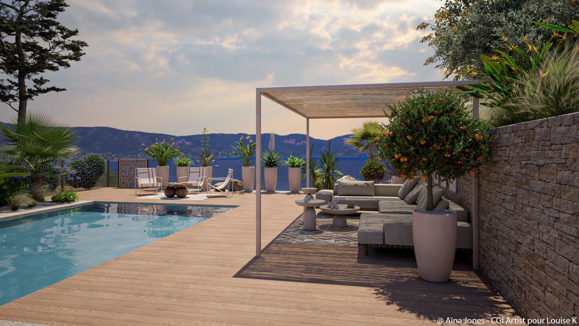 Terrasse, pergola (couleur crème) vue de la mer à Aix-en-Provence