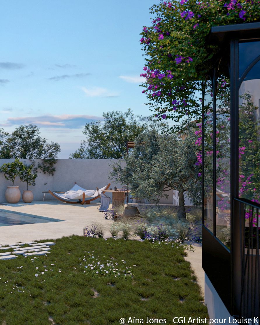 Terrasse minérale et piscine