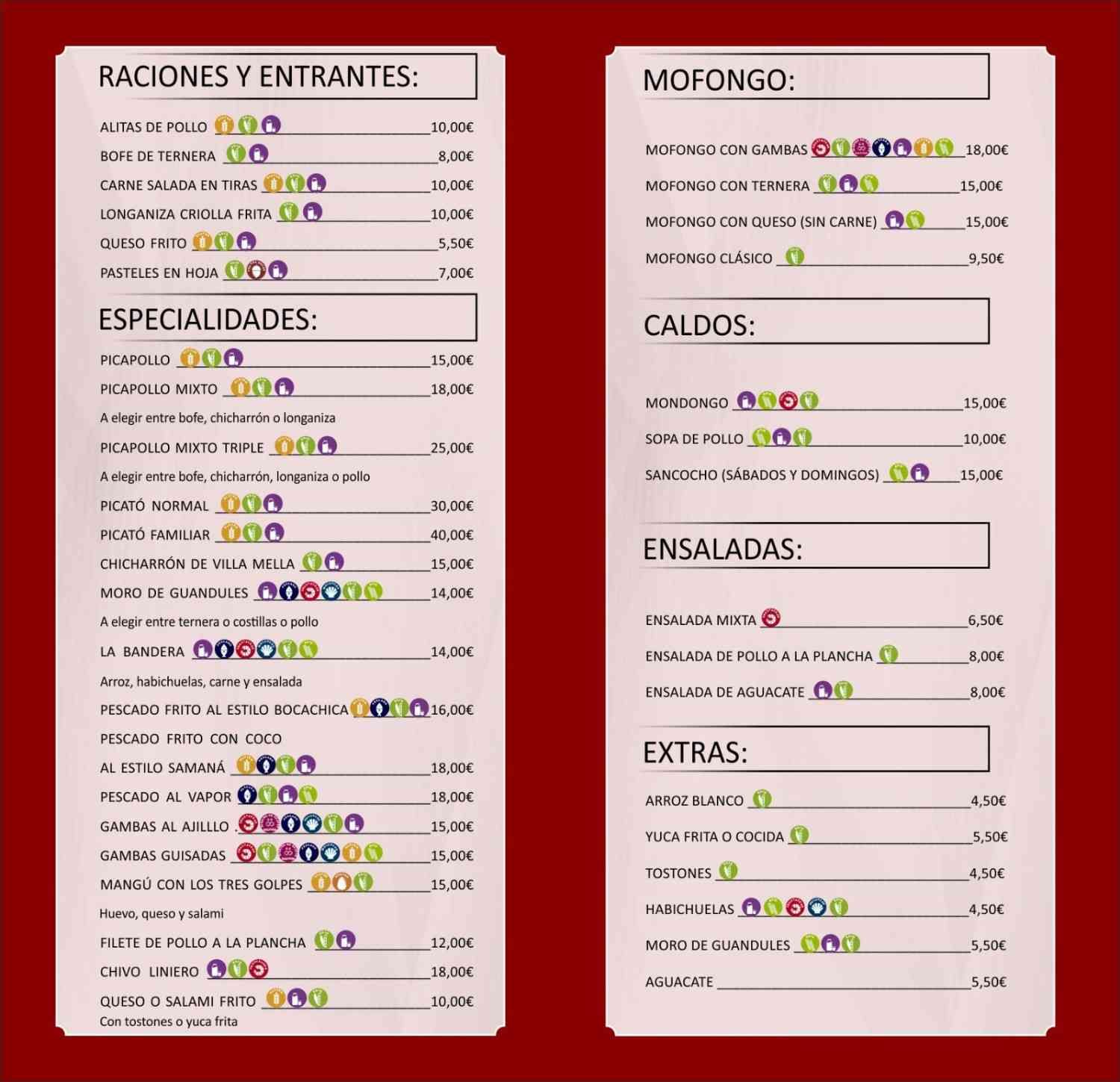 Tablero de menú con categorías de alimentos y precios.