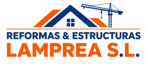 Logo de Reformas & Estructuras Lamprea S.L. con casa, tejado, grúa y texto azul y naranja.