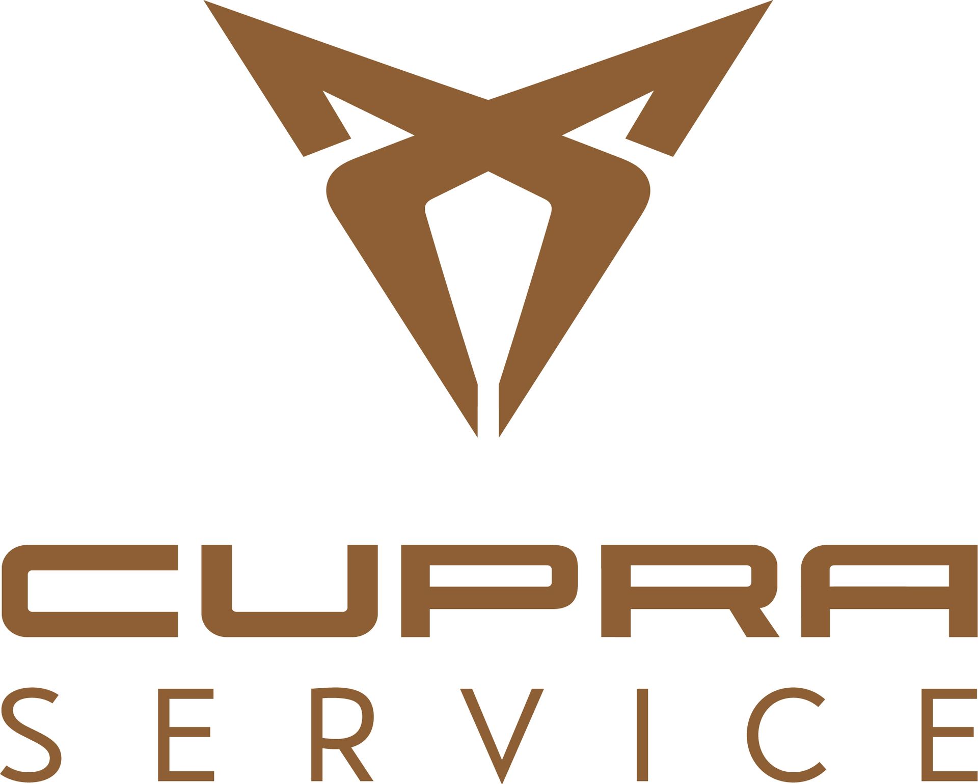 Das kupferfarbene Cupra-Logo, darunter der „CUPRA“ Schriftzug.