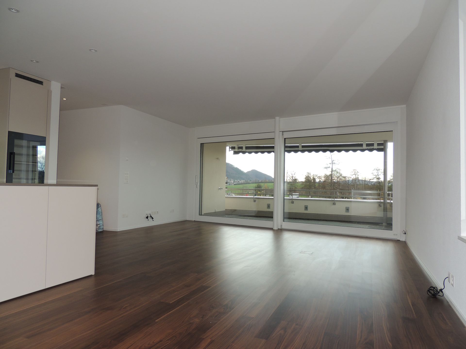 Leeres Wohnzimmer mit dunklem Holzboden, weißen Wänden und Glasschiebetüren zu einem Balkon.
