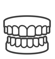 Un dibujo lineal de un conjunto de dientes sobre un fondo blanco.