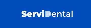 Logotipo de ServiDental en blanco sobre fondo azul.