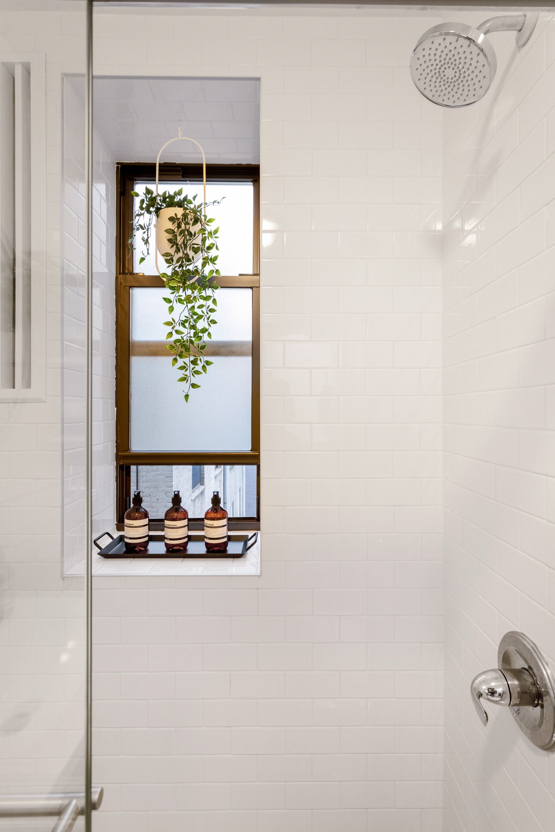 A bathroom with a shower and a window with a plant hanging from it.