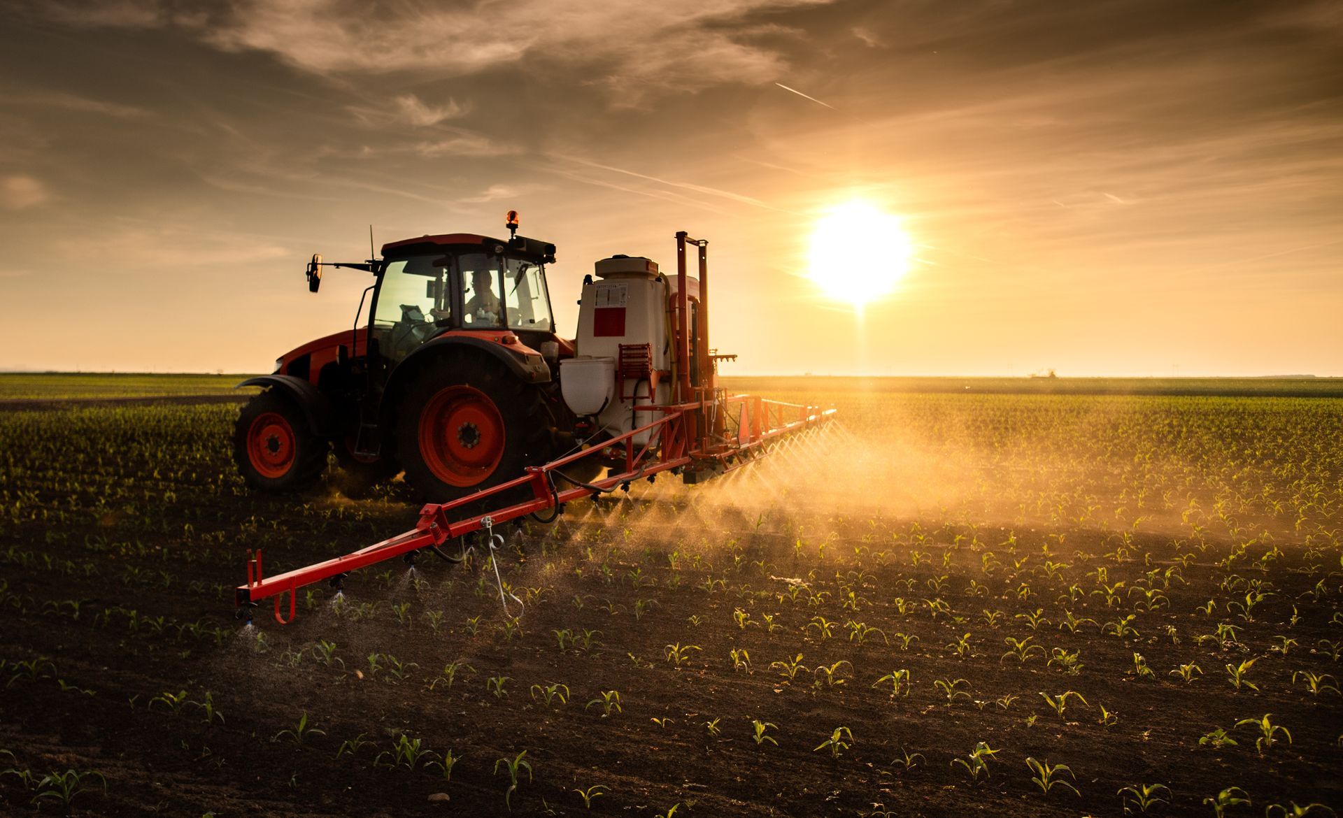 Ein Traktor besprüht bei Sonnenuntergang ein Feld mit Pflanzenschutzmitteln, der Staub glänzt im goldenen Licht.