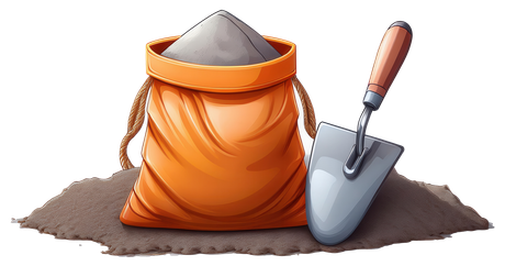 Une truelle à côté d'un sac de béton