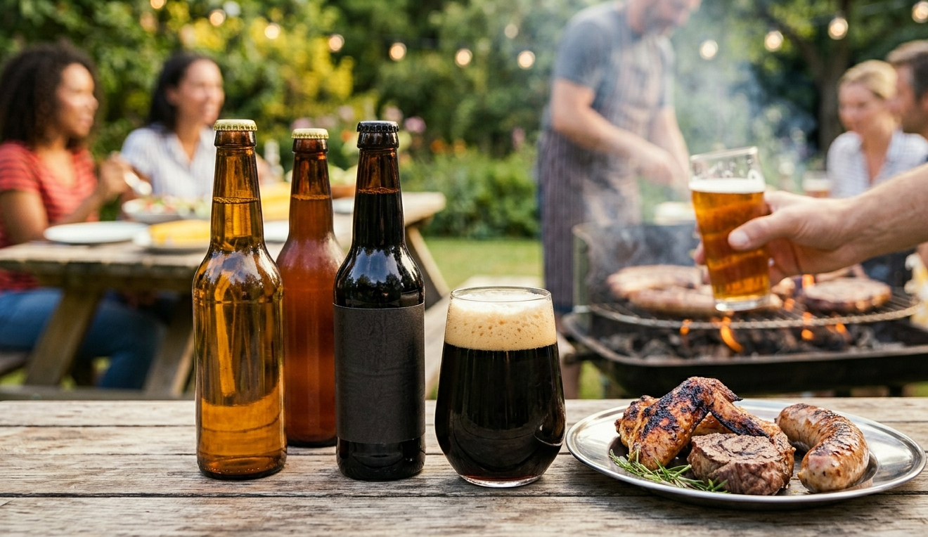 Des bouteilles de bière et un verre rempli à côté de grillades