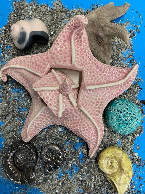 Rosa Seesterne im Sand, umgeben von Muscheln und bunten Steinen