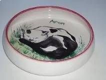 Weisse Schale mit rotem Rand, verziert mit einer Panda-Illustration und dem Namen „Aron“ im Inneren.