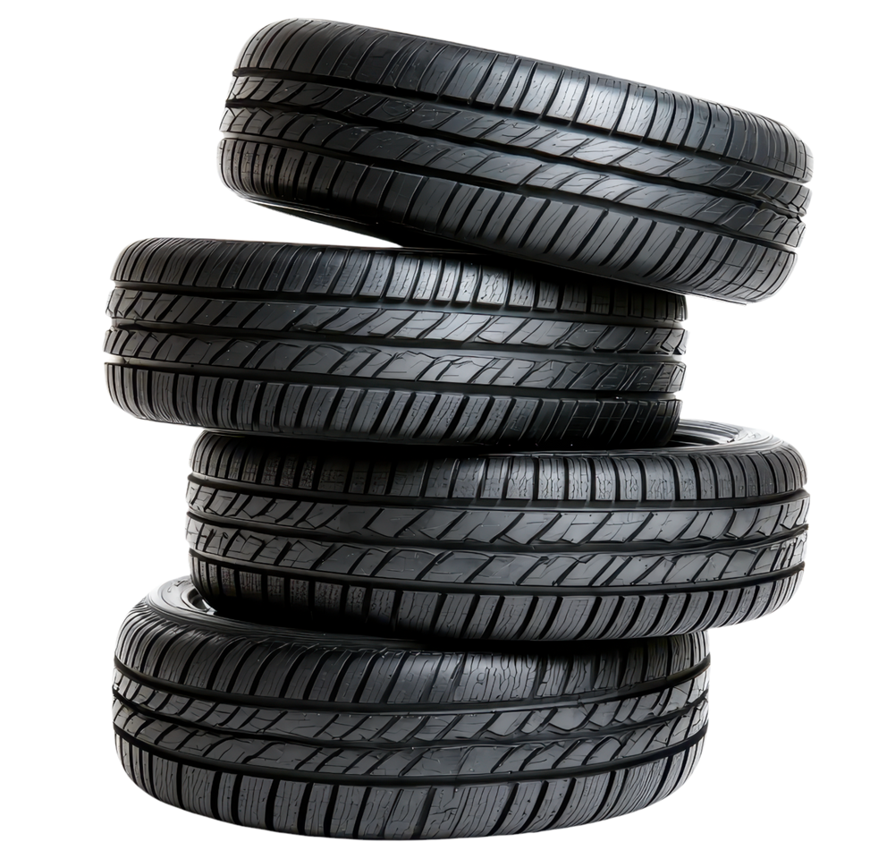 Quatre pneus de voiture noirs empilés les uns sur les autres.