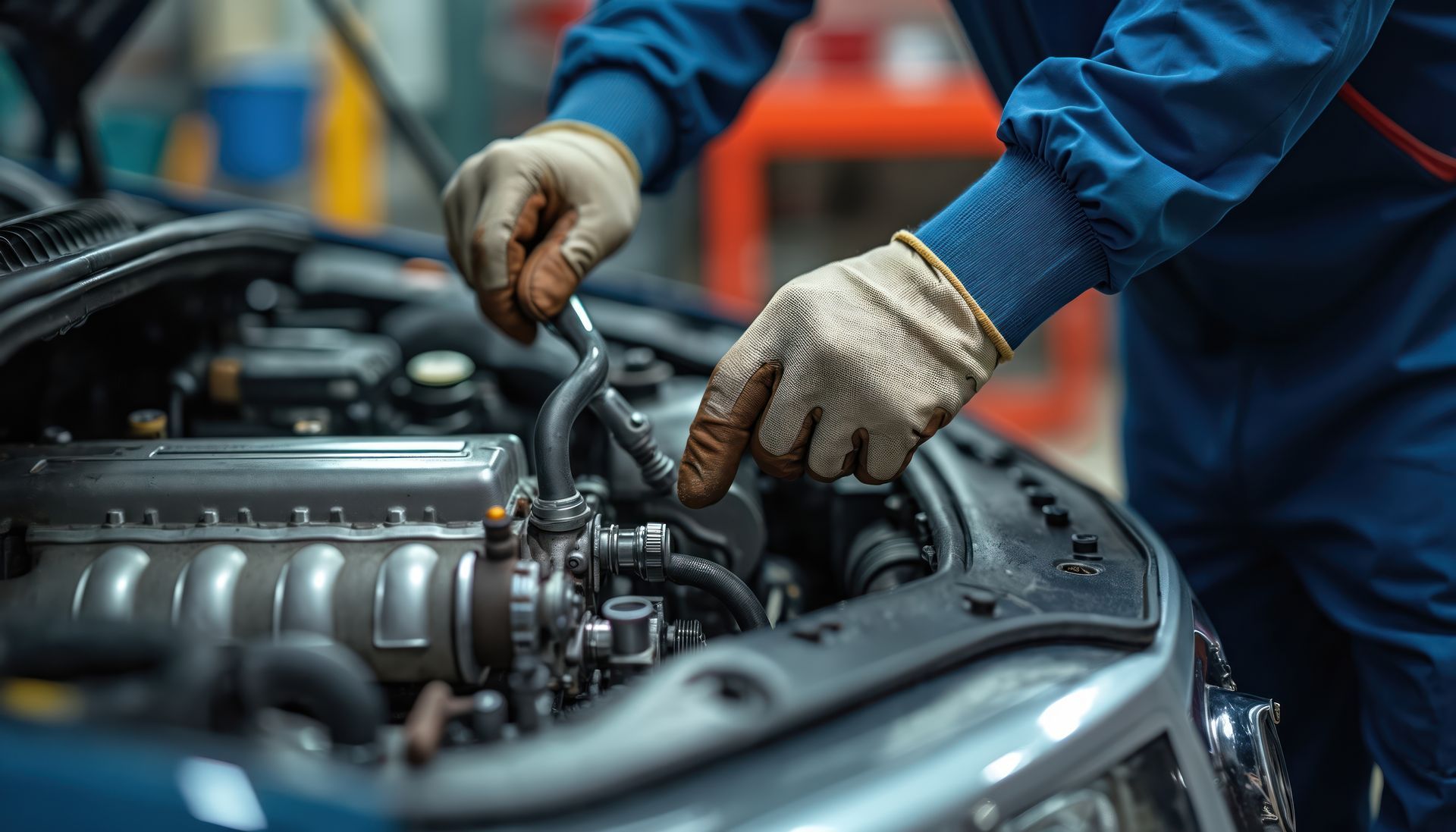 Un mécanicien travaille sur un moteur de voiture, portant des gants et une combinaison bleue.