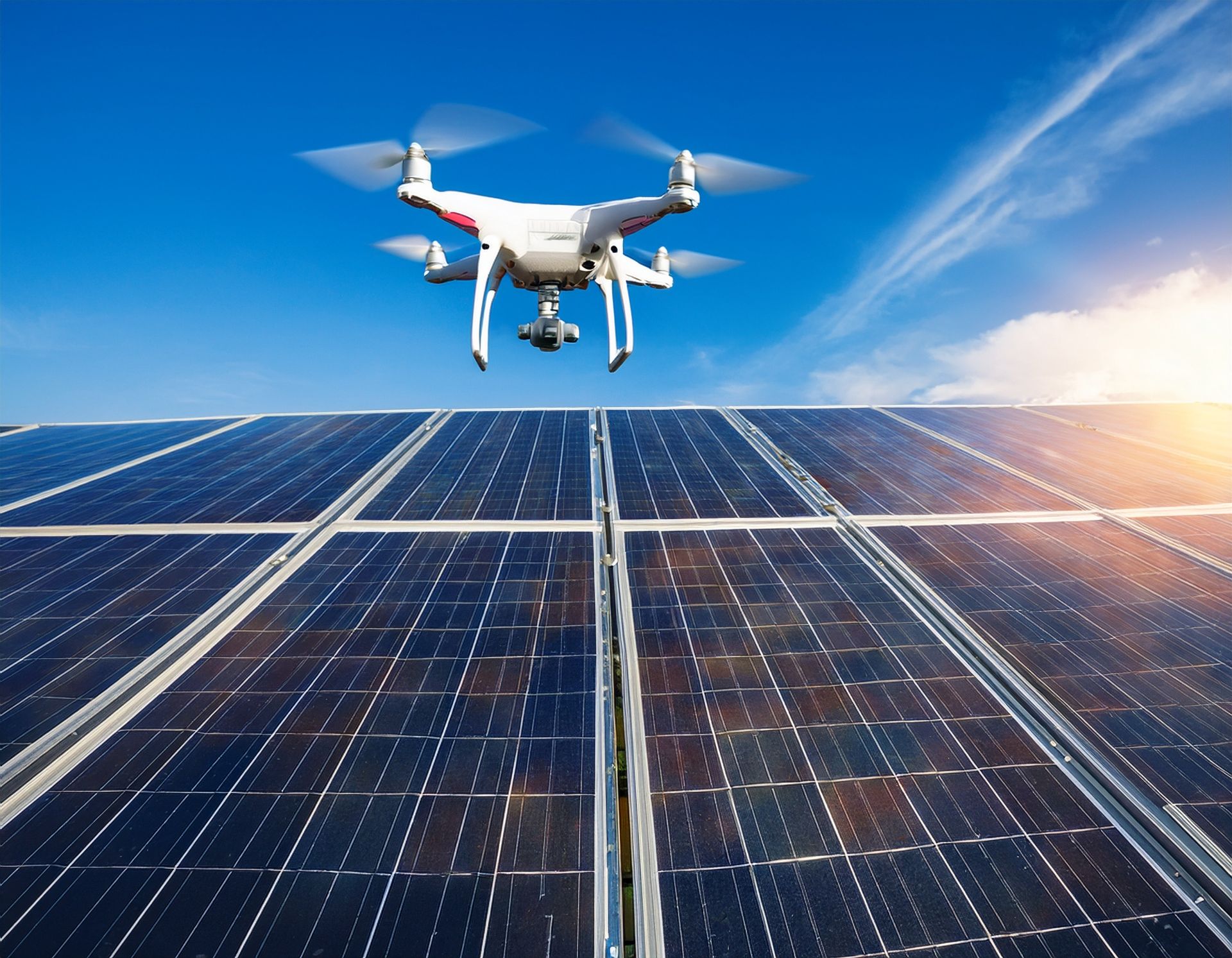 Un drone blanc au-dessus de panneaux solaires.