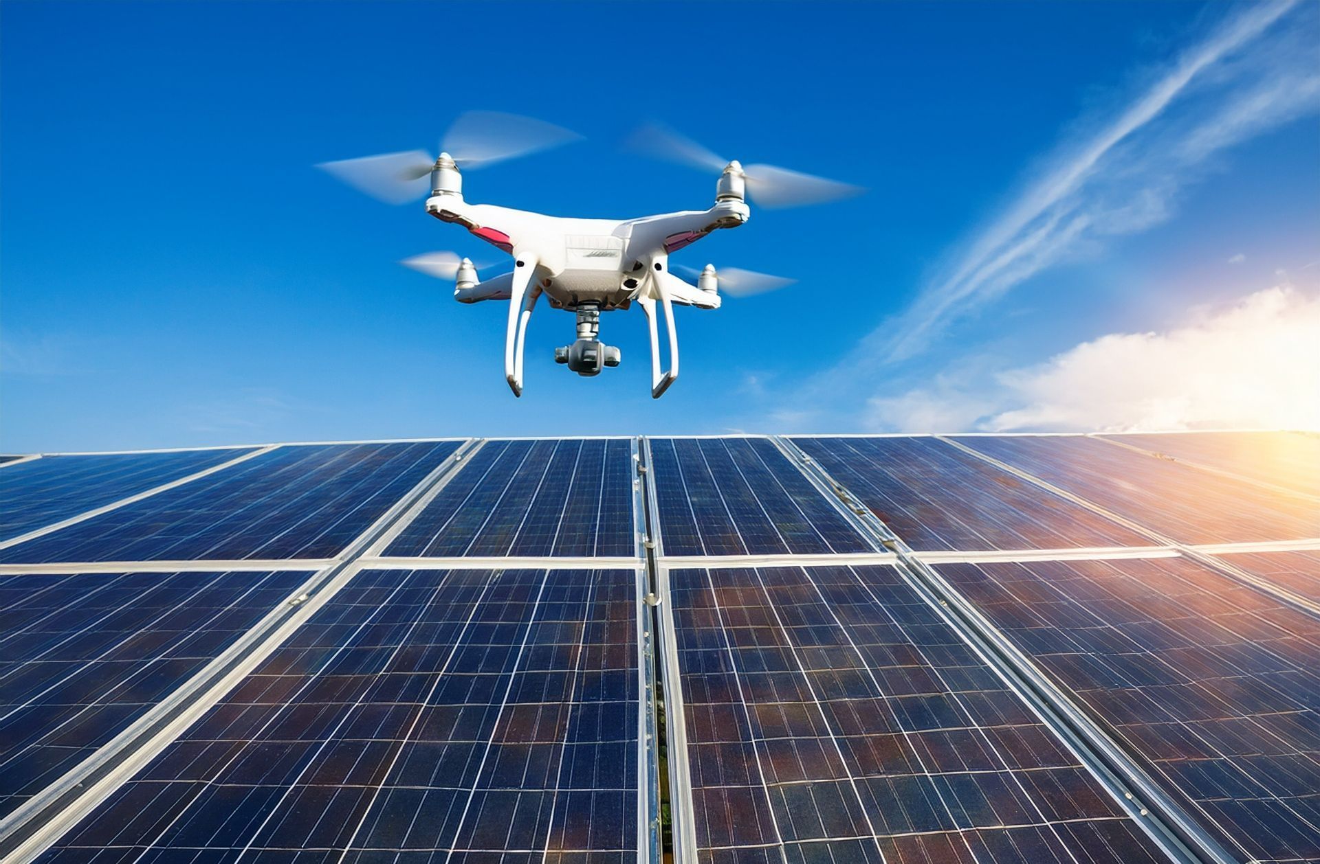 Un drone au-dessus de panneaux photovoltaïques.