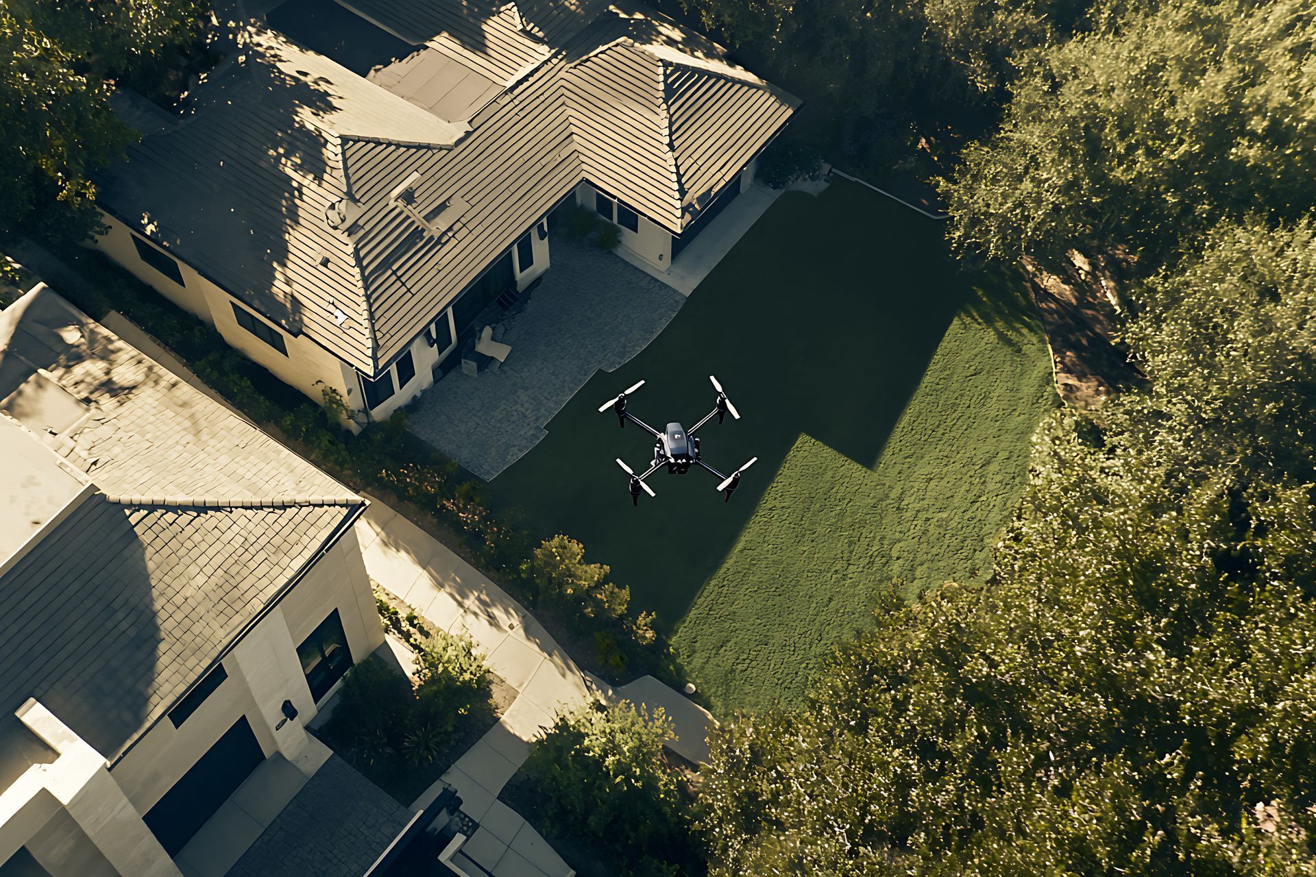 Un drone survolant des maisons.
