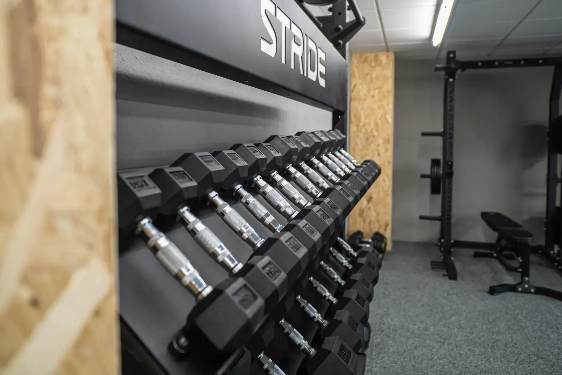 Una fila de mancuernas están alineadas en un gimnasio