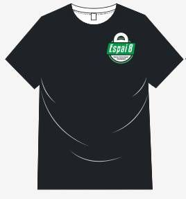 Una camiseta negra con un logo verde en la parte delantera.