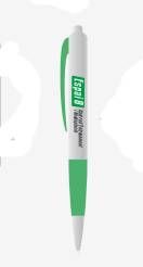 Un bolígrafo con tapa verde y cuerpo blanco sobre fondo blanco.