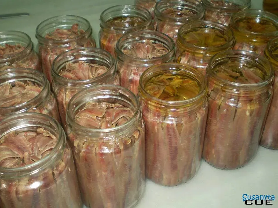 Un montón de frascos de anchoas están alineados sobre una mesa.