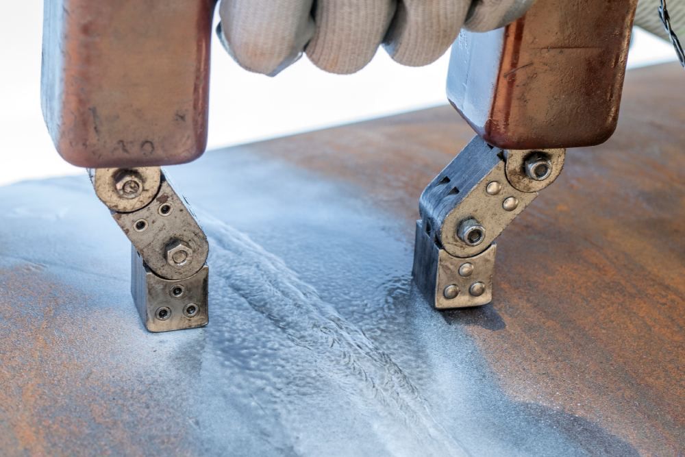 Eine Person hält ein Paar Magnete über ein Stück Metall.