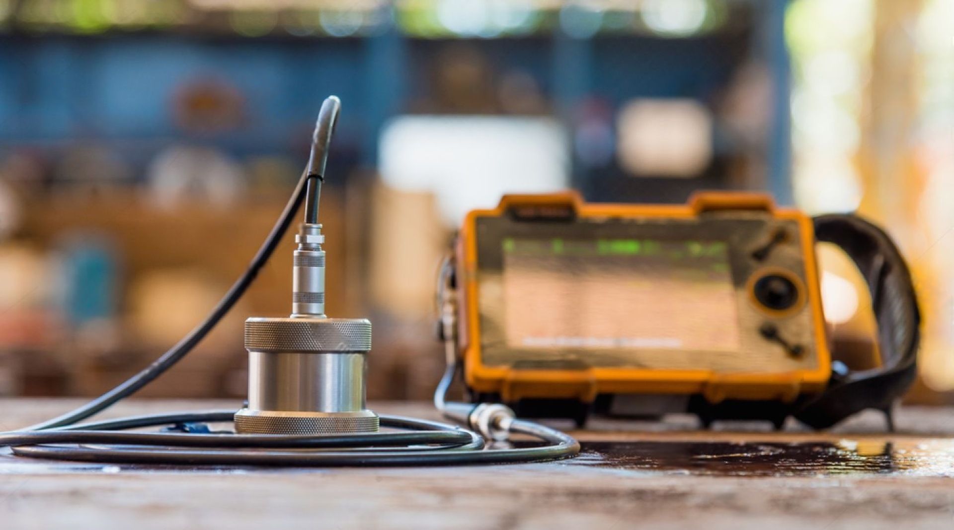 Auf einem Holztisch steht ein Metalldetektor.