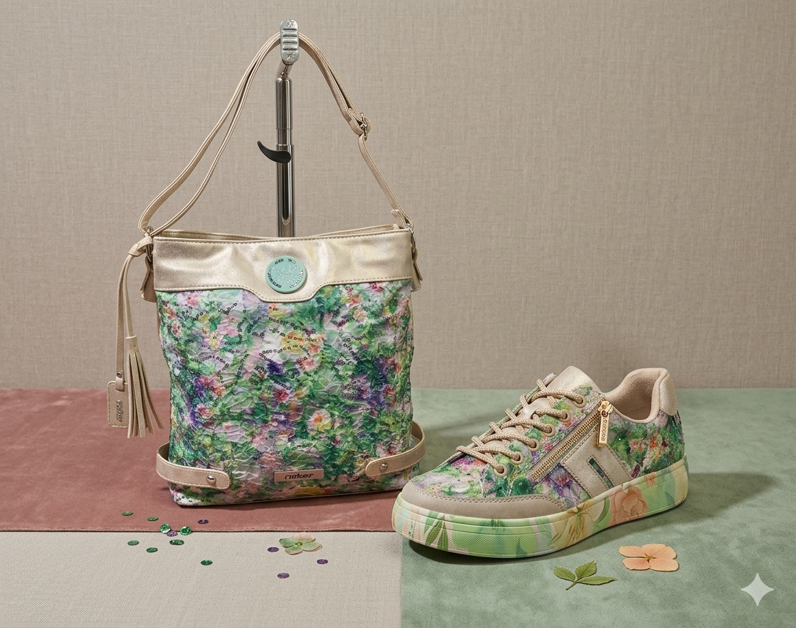 Sac à main à motifs floraux et baskets assorties présentés sur une surface pastel devant un mur beige