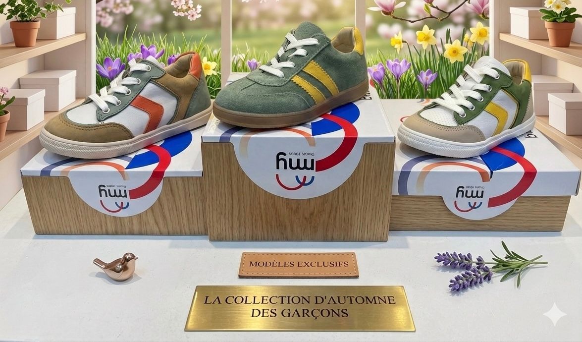 Trois chaussures de sport présentées sur des présentoirs avec des étiquettes arabes dans une vitrine lumineuse