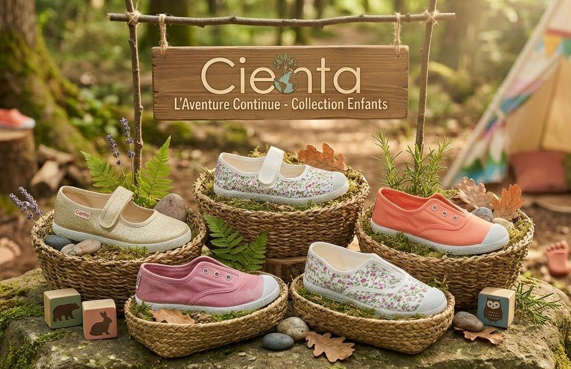 Cinq petites baskets colorées disposées sur du bois moussu sous une enseigne Ciento.
