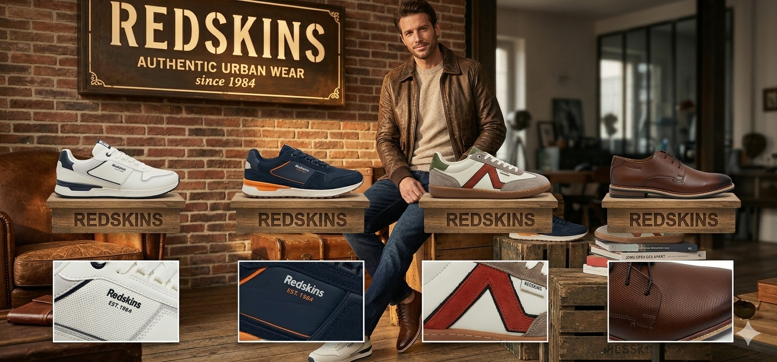Des boîtes à chaussures des Redskins empilées autour d'un homme dans un loft aménagé en showroom, avec un mur de briques et une enseigne de la marque.