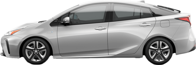Seitenansicht eines silbernen Toyota Prius Schrägheckmodells vor weissem Hintergrund