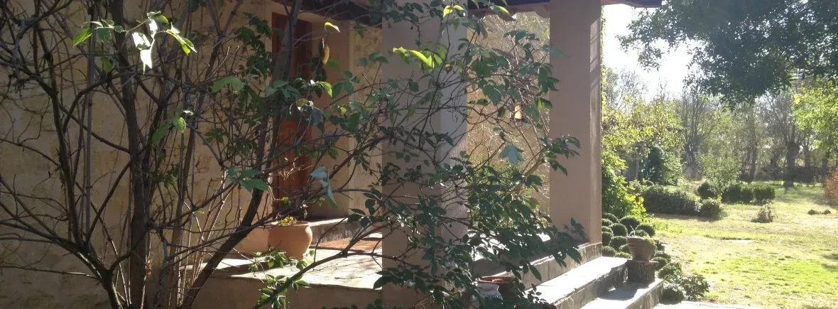 Una casa con un porche y un árbol delante de ella.