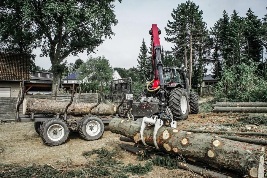 Ein Traktor zieht einen Anhänger voller Baumstämme.