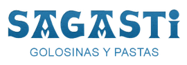 Logotipo de SAGASTI en azul con las palabras &ldquo;GOLOSINAS Y PASTAS&rdquo; debajo sobre un fondo blanco.